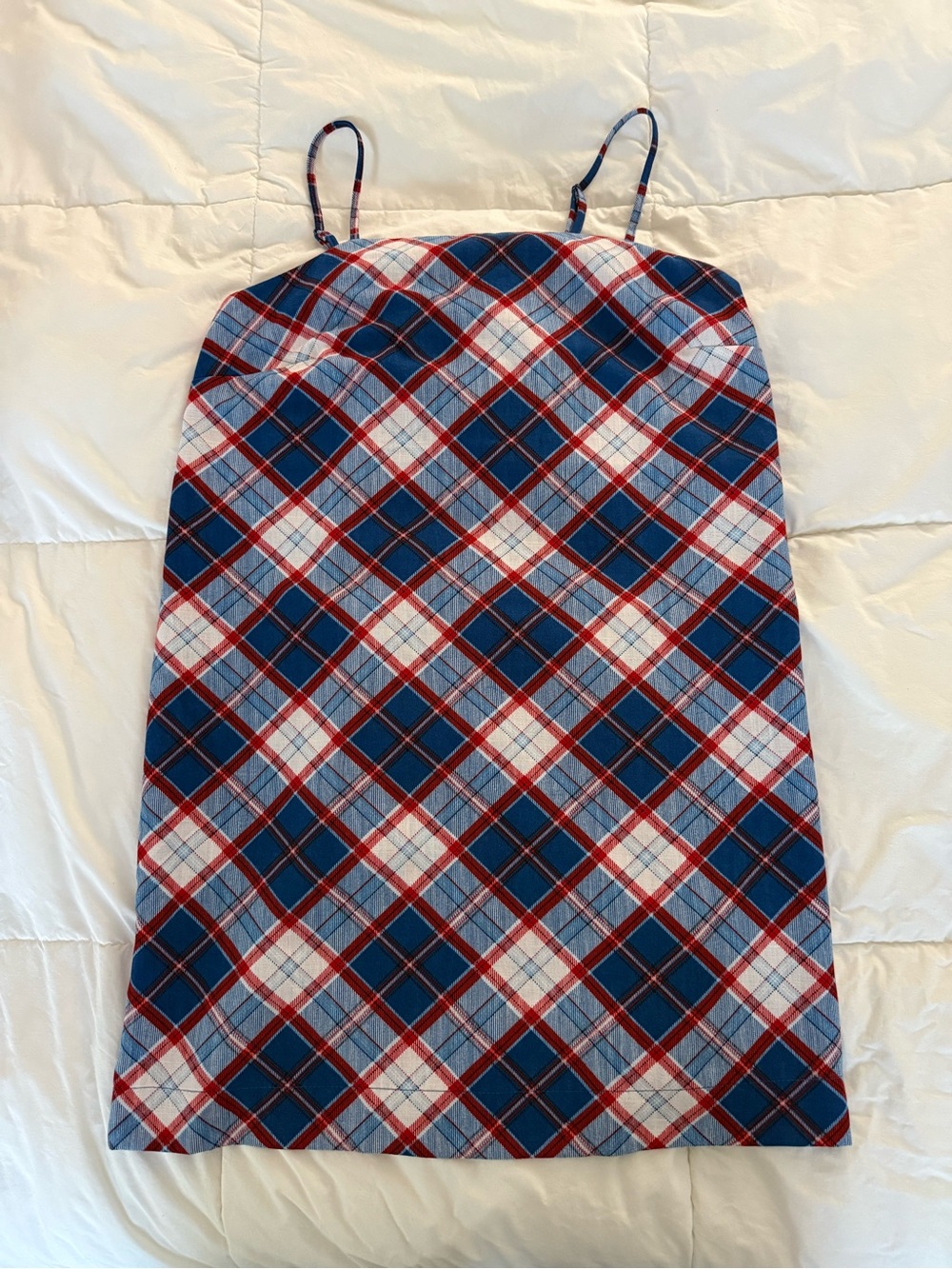Plaid Spaghetti-Strap Shift Dress in Blue and Red